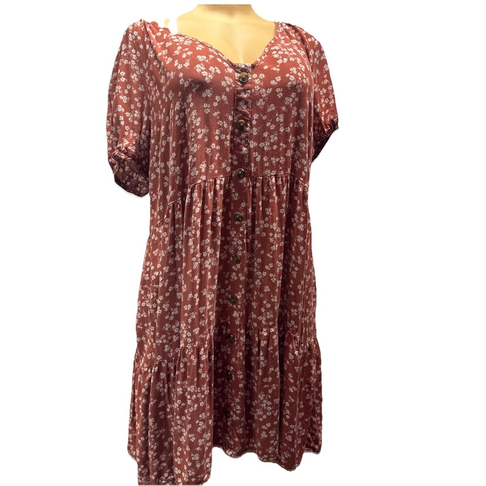 Just Found Floral Multicolor Red Button Front Ruffle Sleeve Midi Dress 1X